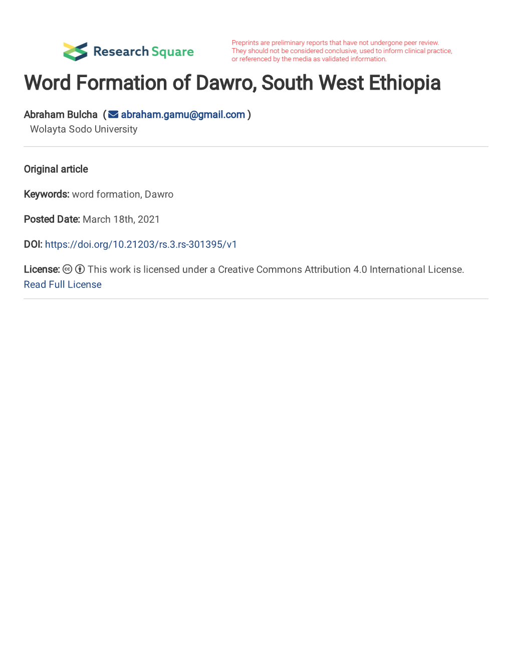 Word Formation of Dawro, South West Ethiopia