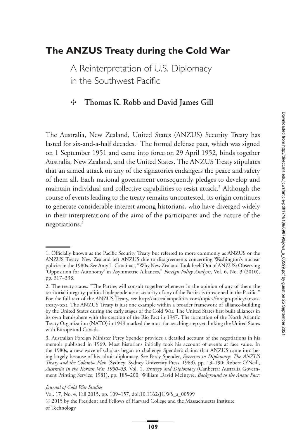 The ANZUS Treaty During the Cold War a Reinterpretation of U.S. Diplomacy in the Southwest Paciﬁc