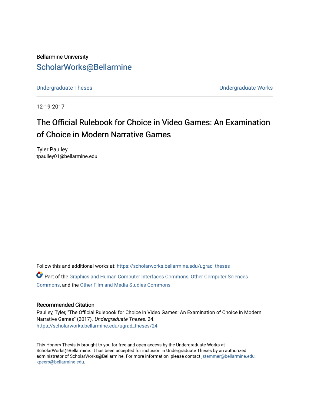 The Official Rulebook for Choice in Video Games: an Examination of Choice in Modern Narrative Games