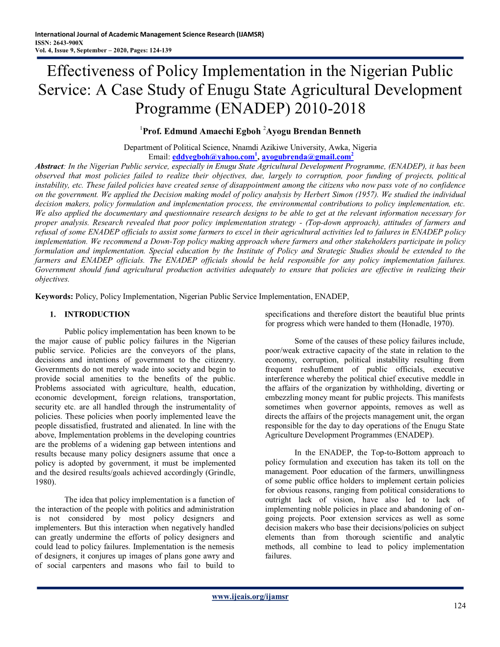 A Case Study of Enugu State Agricultural Development Programme (ENADEP) 2010-2018