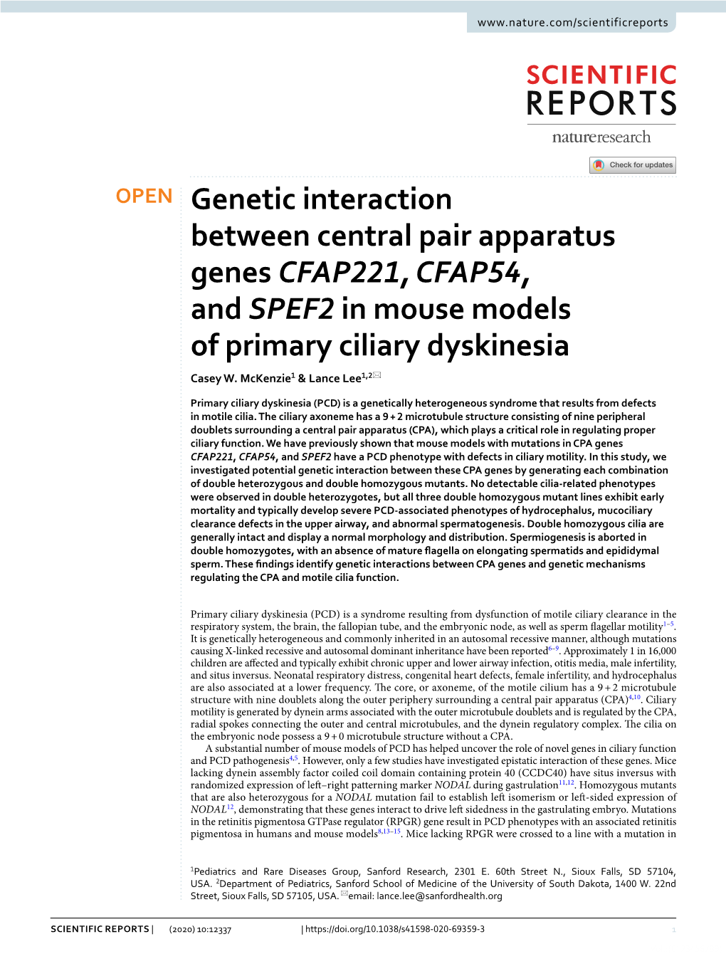 Genetic Interaction Between Central Pair Apparatus Genes CFAP221, CFAP54, and SPEF2 in Mouse Models of Primary Ciliary Dyskinesia Casey W