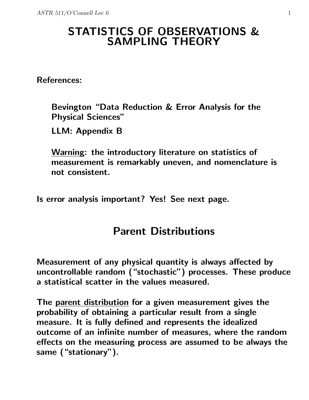 STATISTICS of OBSERVATIONS & SAMPLING THEORY Parent