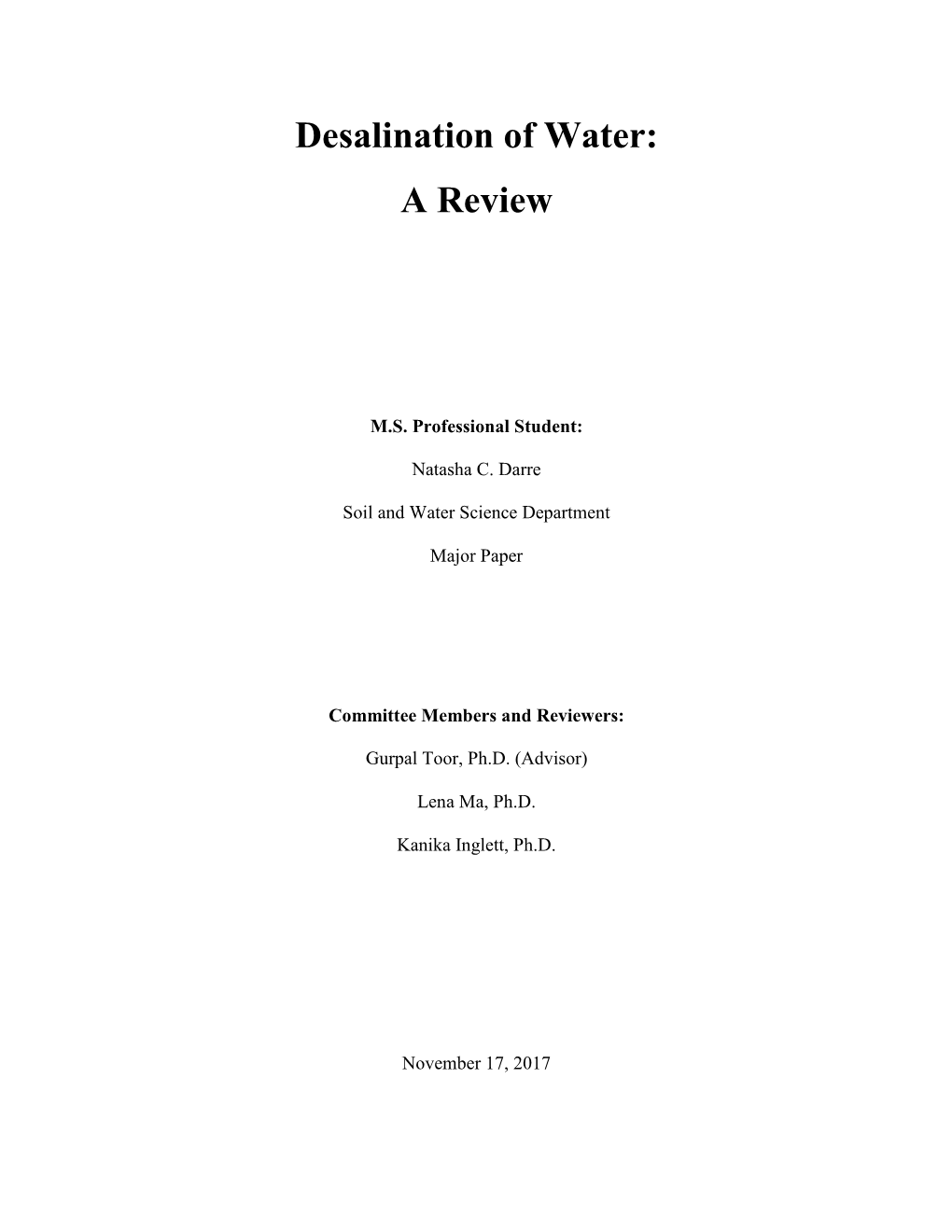 Desalination of Water: a Review