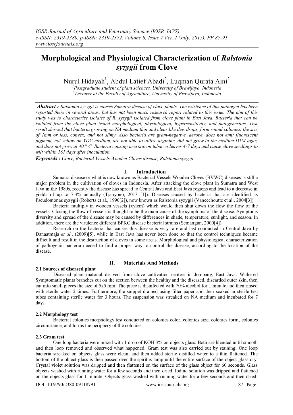 Morphological and Physiological Characterization of Ralstonia Syzygii from Clove