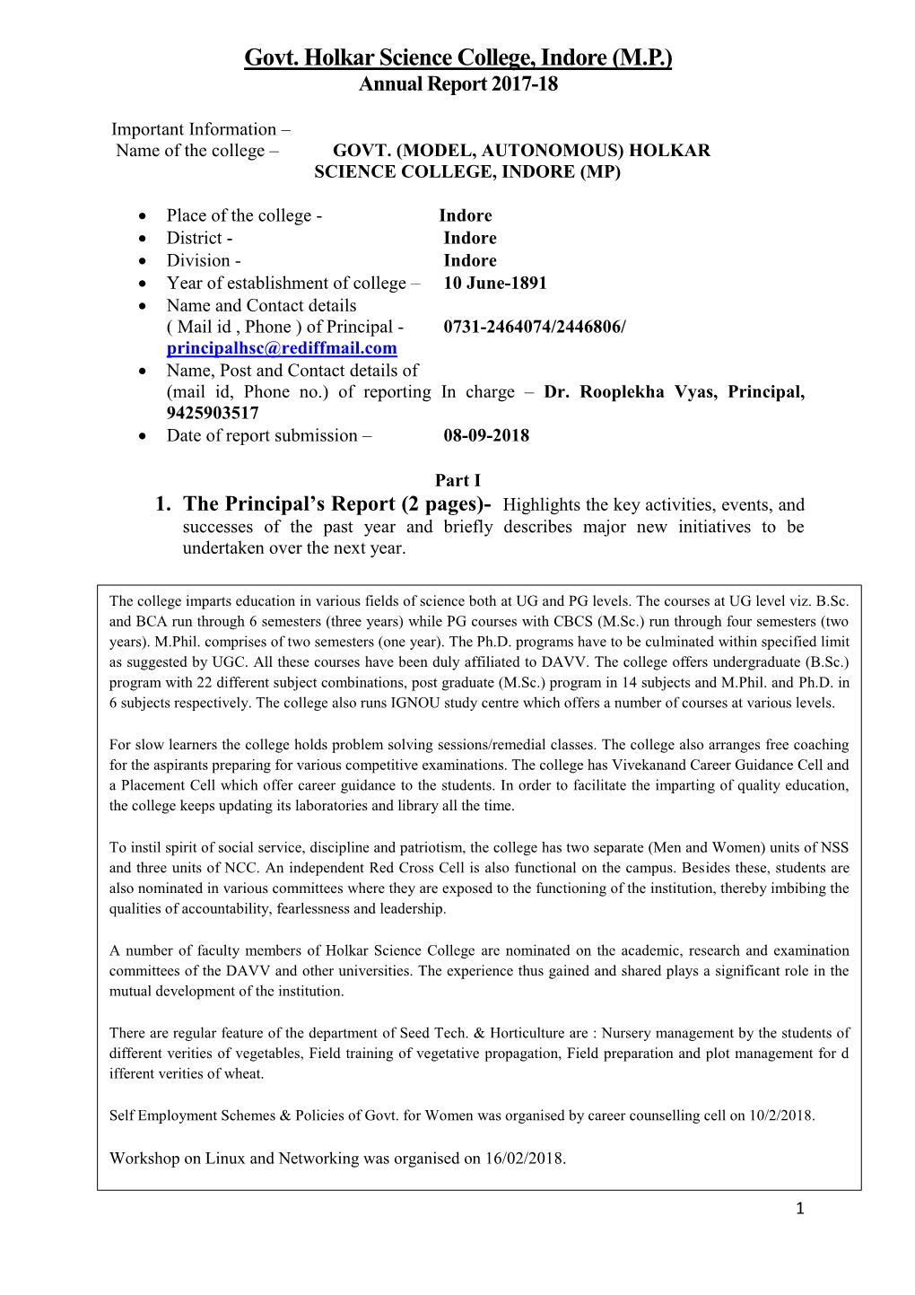 Govt. Holkar Science College, Indore (M.P.) Annual Report 2017-18