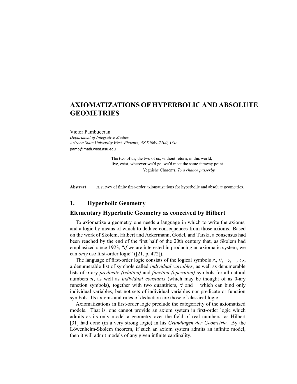 Axiomatizations of Hyperbolic and Absolute Geometries