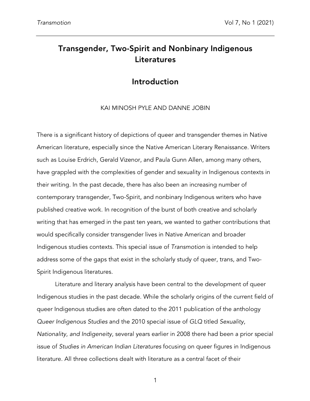 Transgender, Two-Spirit and Nonbinary Indigenous Literatures