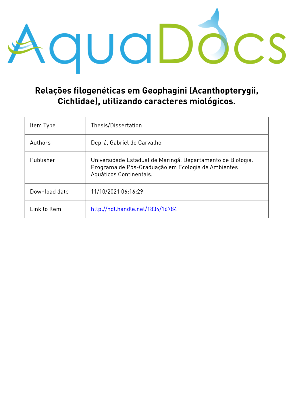 Relações Filogenéticas Em Geophagini (Acanthopterygii, Cichlidae), Utilizando Caracteres Miológicos