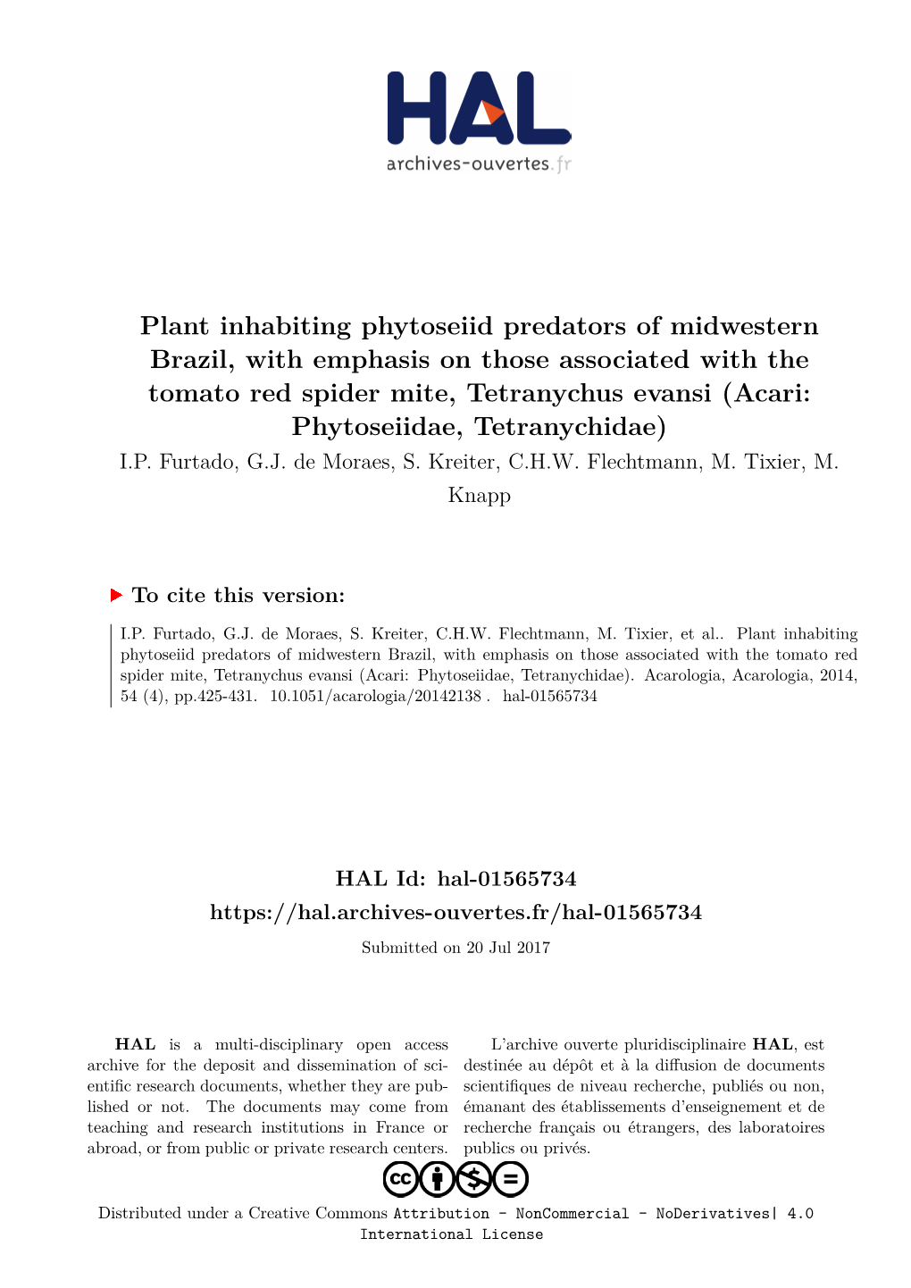 Plant Inhabiting Phytoseiid Predators of Midwestern Brazil, with Emphasis