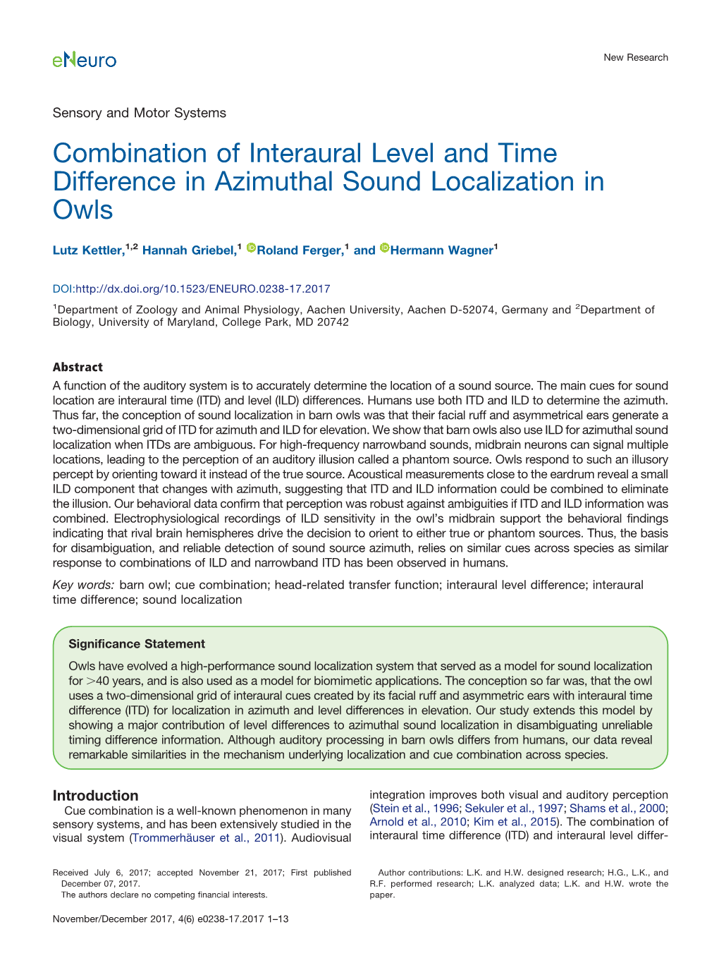 Combination of Interaural Level and Time Difference in Azimuthal Sound Localization in Owls