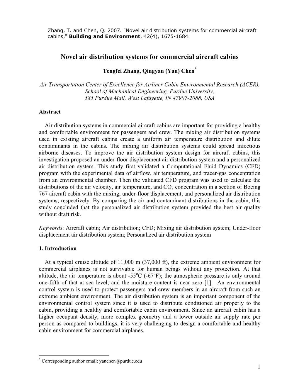 Novel Air Distribution Systems for Commercial Aircraft Cabins," Building and Environment, 42(4), 1675-1684