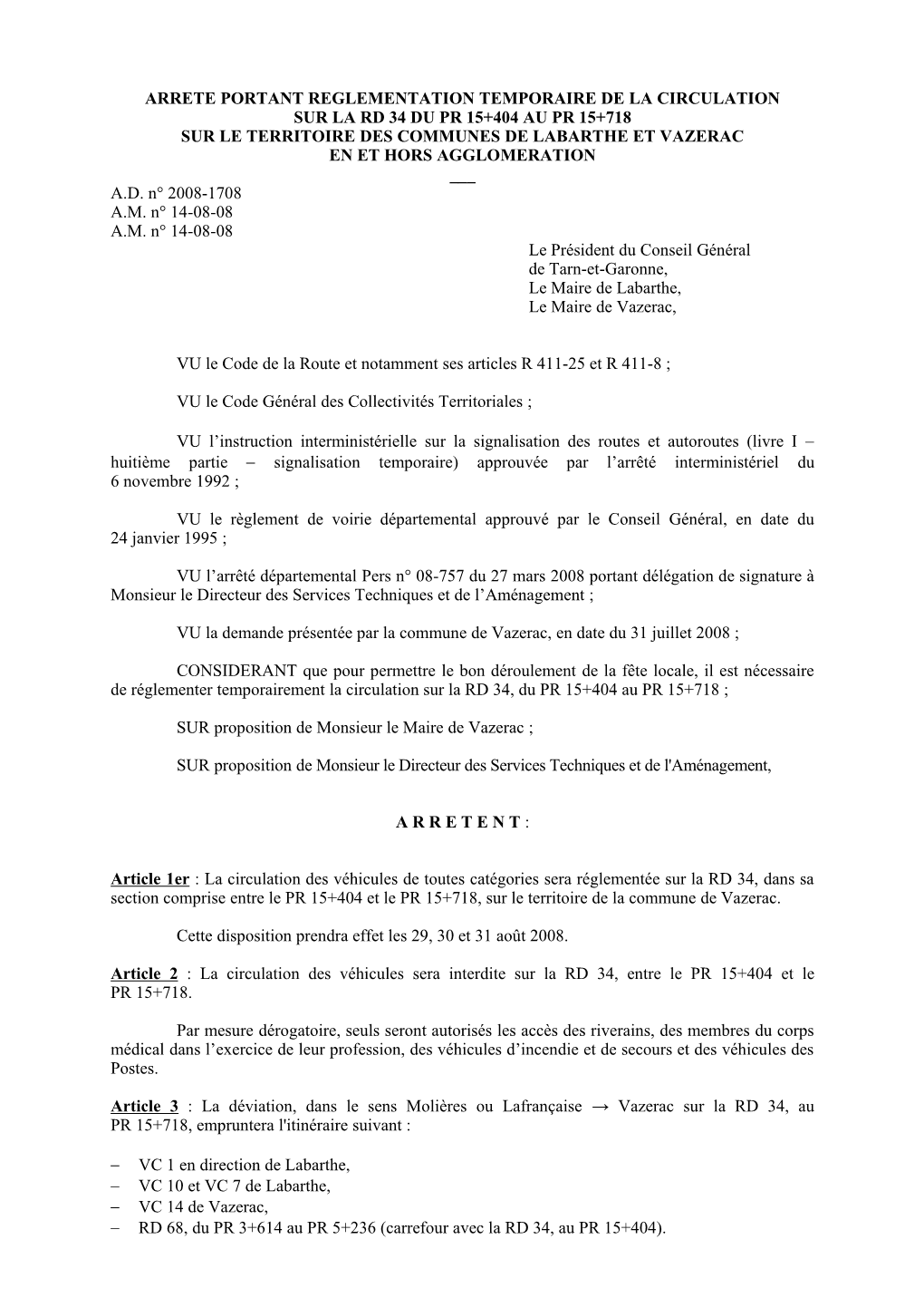 Arrete Portant Reglementation Temporaire De La Circulation Sur La Rd