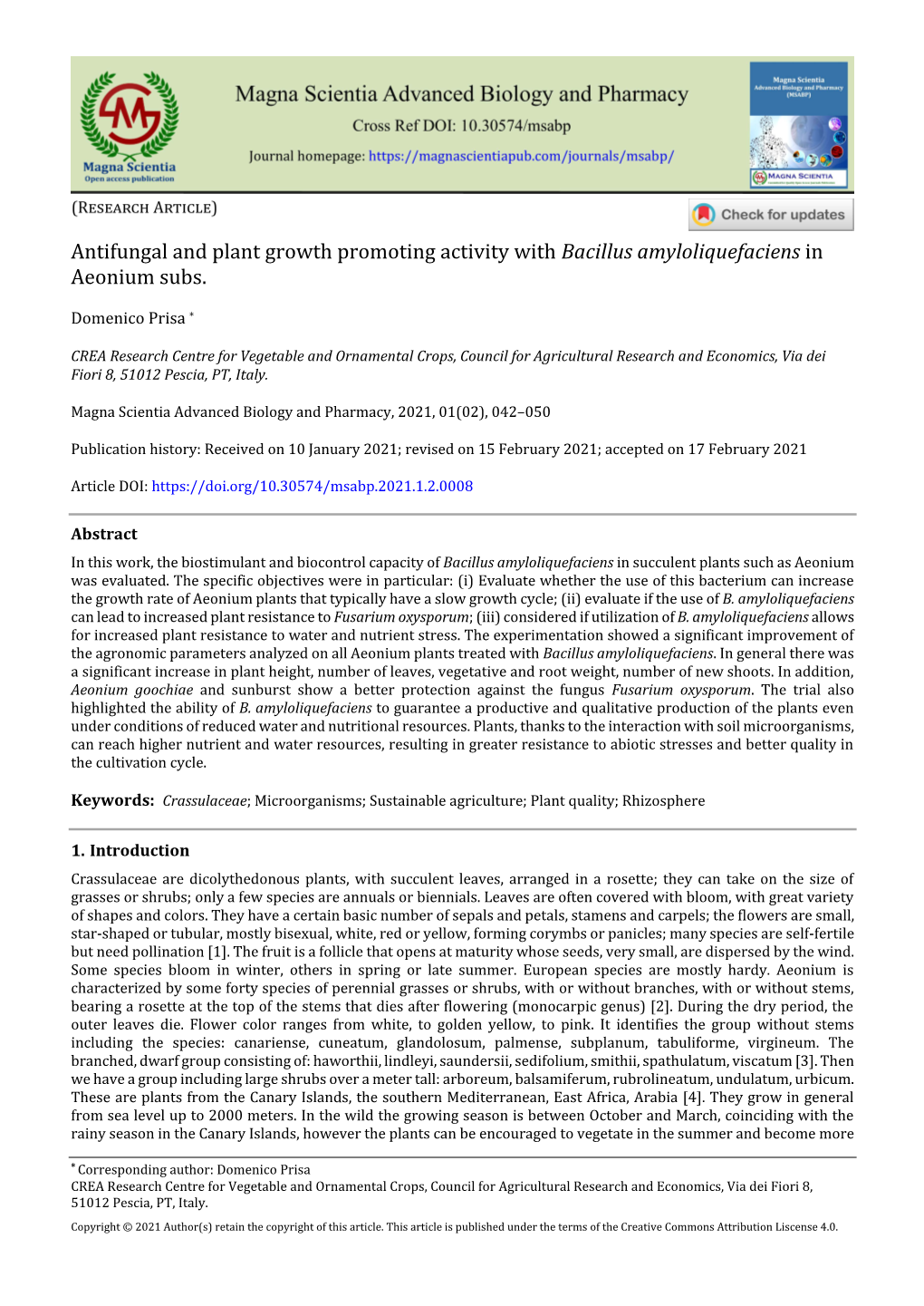 Antifungal and Plant Growth Promoting Activity with Bacillus Amyloliquefaciens in Aeonium Subs