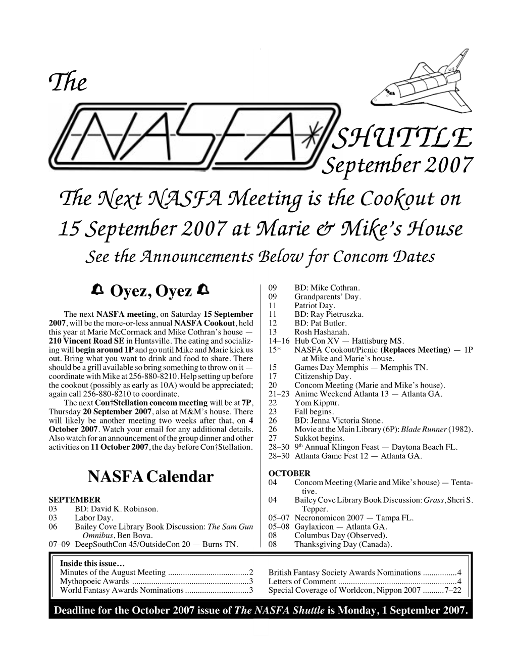 September 2007 the Next NASFA Meeting Is the Cookout on 15 September 2007 at Marie & Mikeõs House See the Announcements Below for Concom Dates