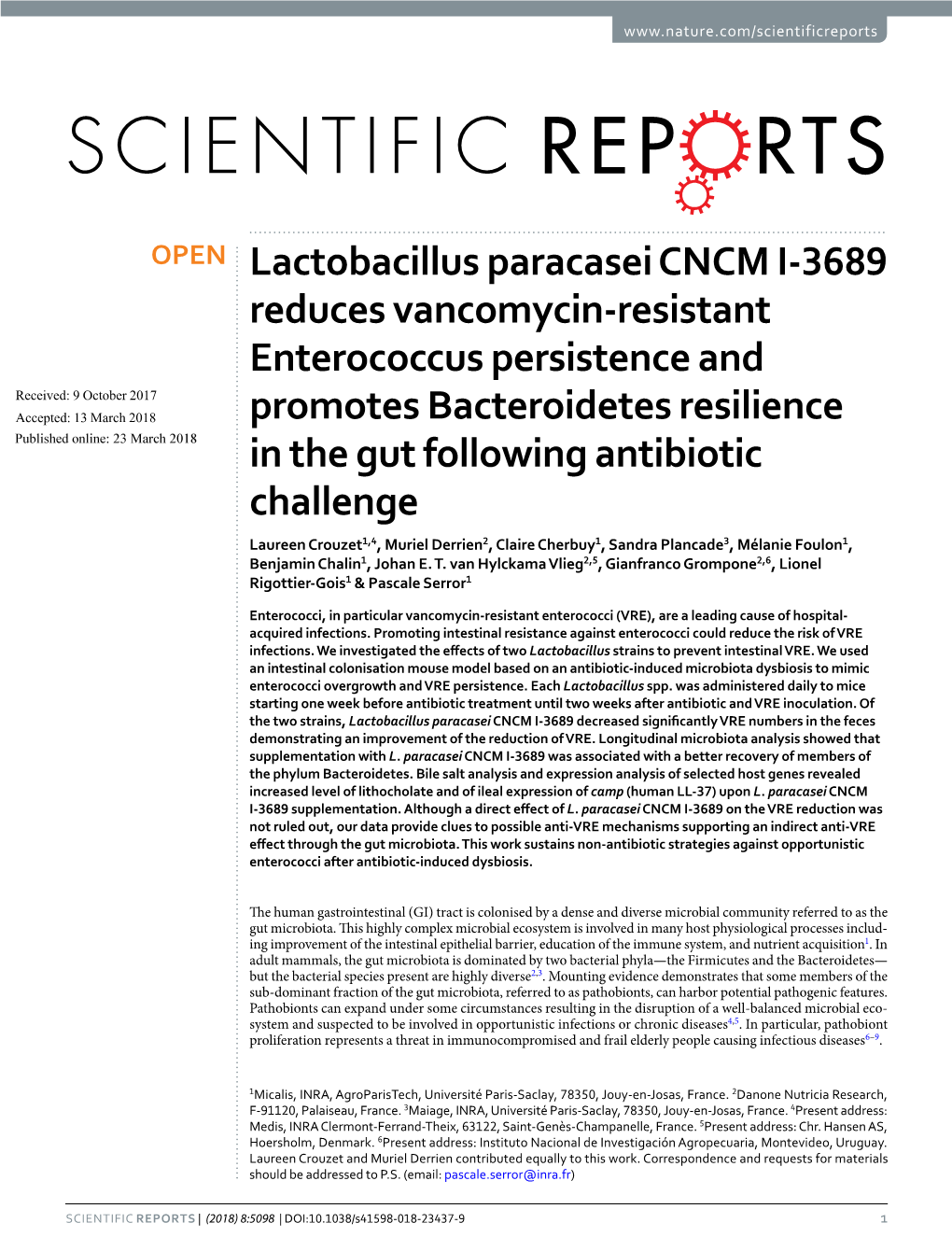Lactobacillus Paracasei CNCM I-3689 Reduces Vancomycin