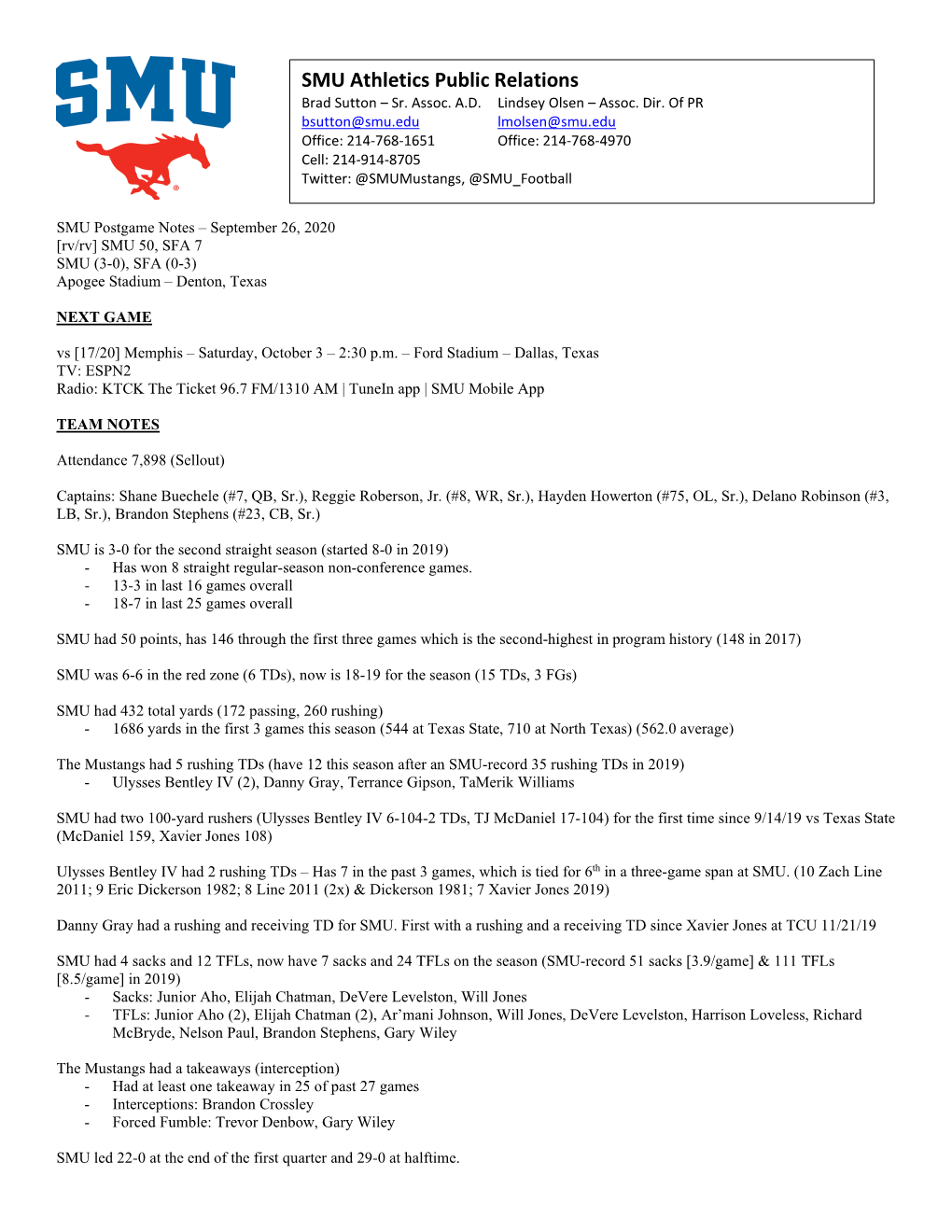 SMU Postgame Notes – September 26, 2020 [Rv/Rv] SMU 50, SFA 7 SMU (3-0), SFA (0-3) Apogee Stadium – Denton, Texas