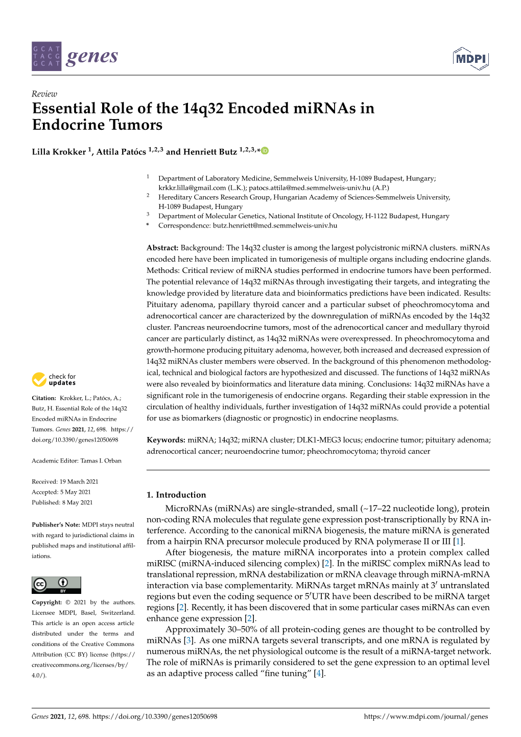 Essential Role of the 14Q32 Encoded Mirnas in Endocrine Tumors