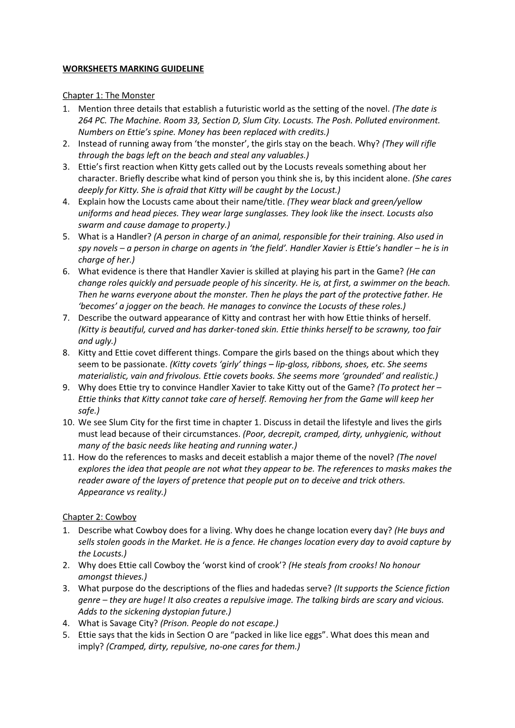 Worksheets Marking Guideline