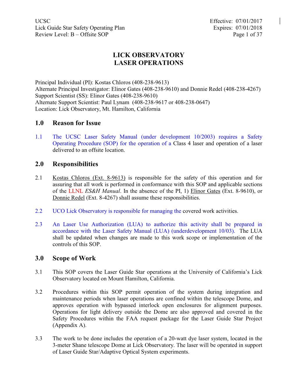 LICK OBSERVATORY LASER OPERATIONS 1.0 Reason for Issue