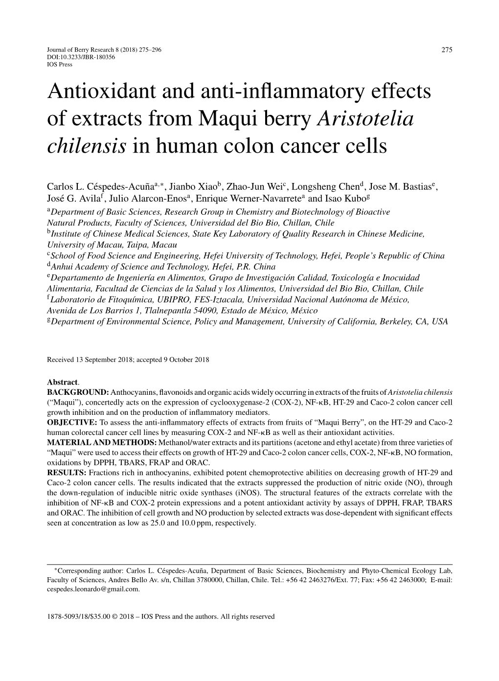 Antioxidant and Anti-Inflammatory Effects of Extracts from Maqui Berry