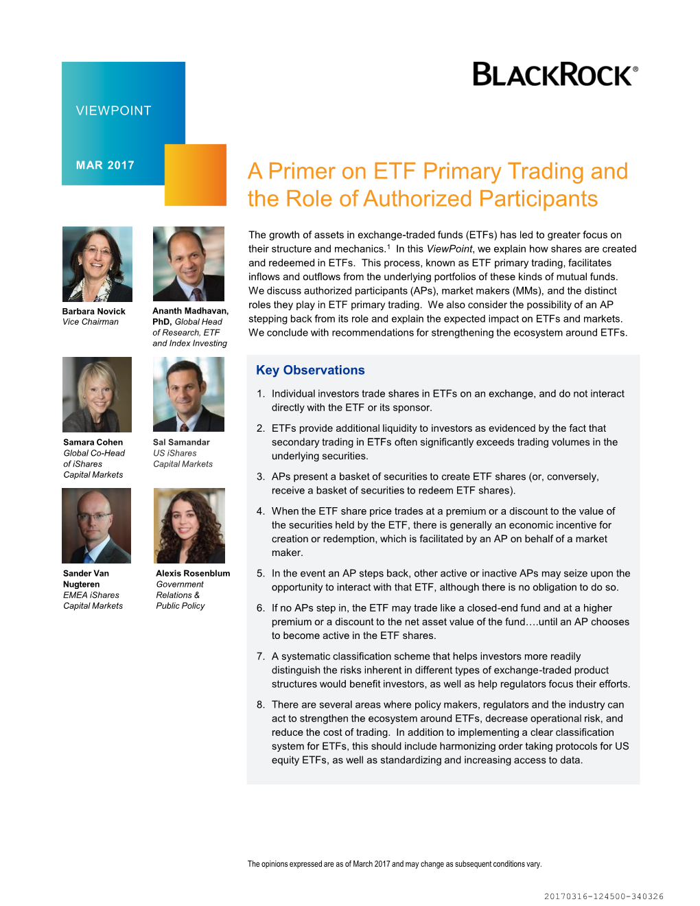 Mar. 2017: a Primer on ETF Primary Trading and the Role of Authorized Participants