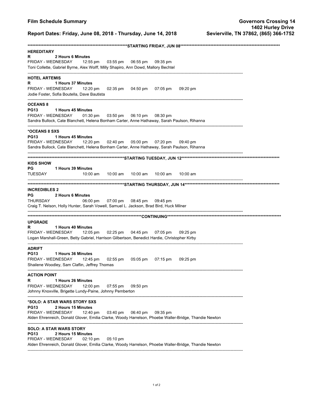 Film Schedule Summary Governors Crossing 14 1402 Hurley Drive Report Dates: Friday, June 08, 2018 - Thursday, June 14, 2018 Sevierville, TN 37862, (865) 366-1752