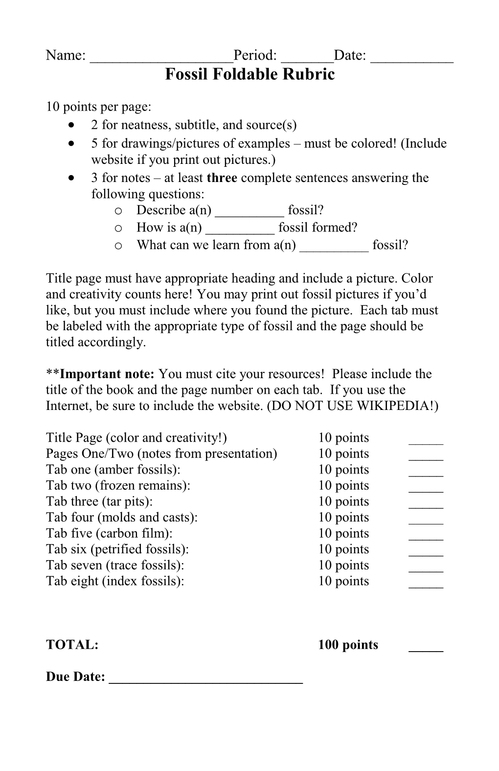 Fossil Foldable Rubric