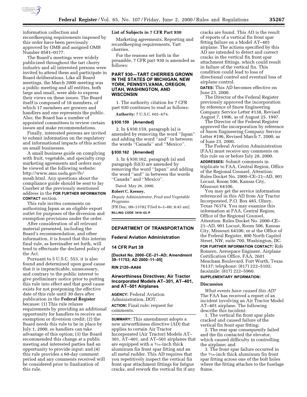 Federal Register/Vol. 65, No. 107/Friday, June 2, 2000/Rules And