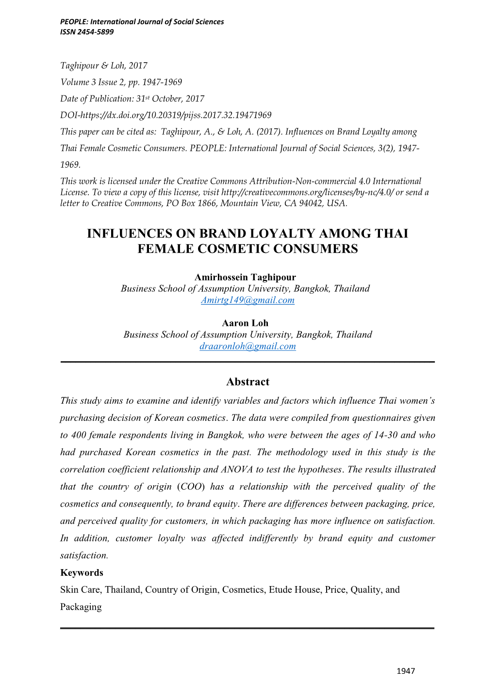 Influences on Brand Loyalty Among Thai Female Cosmetic Consumers