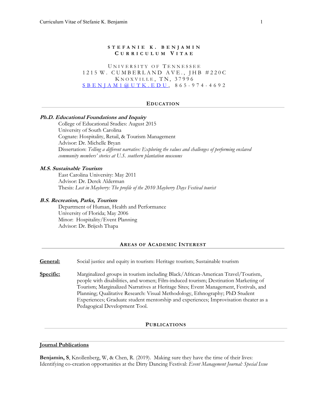 Curriculum Vitae of Stefanie K. Benjamin 1