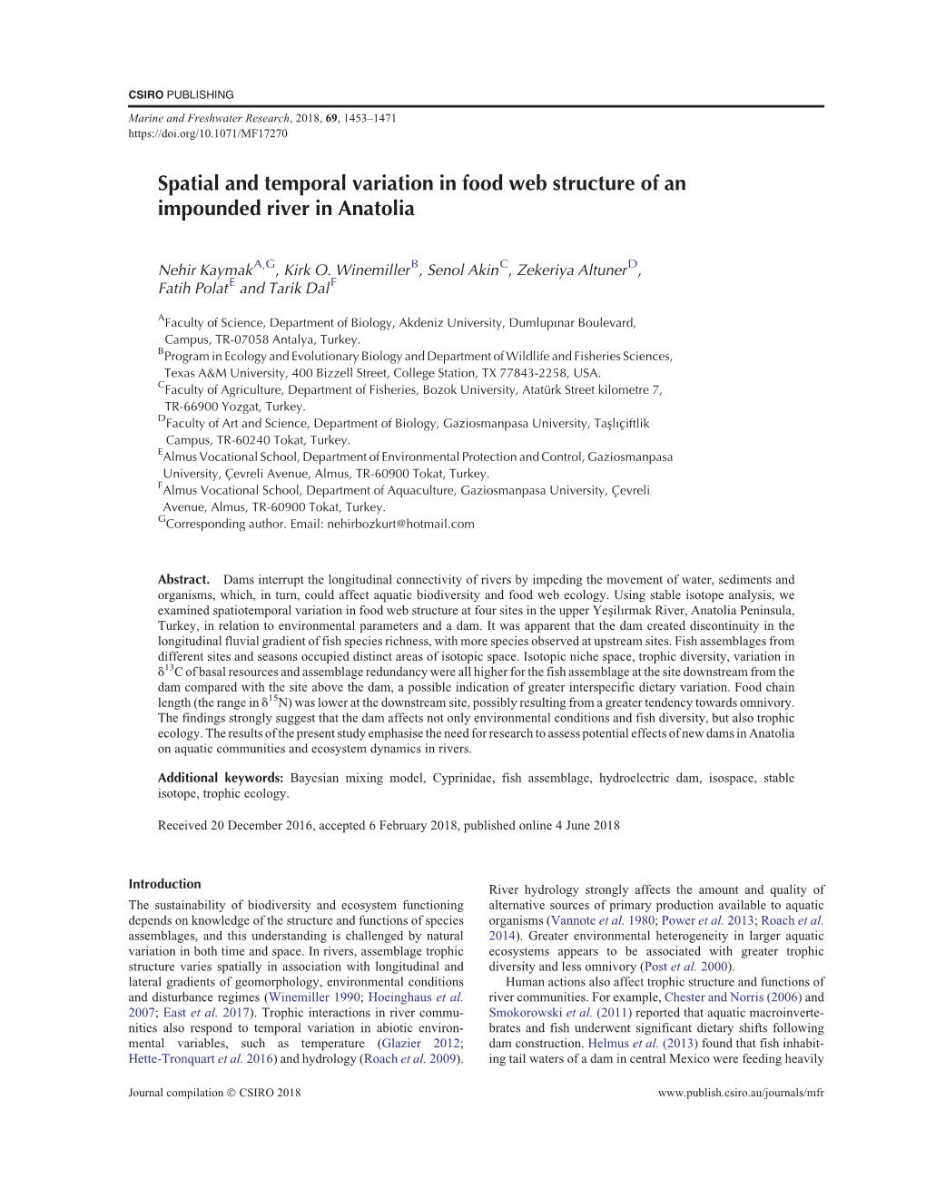 Spatial and Temporal Variation in Food Web Structure of an Impounded River in Anatolia