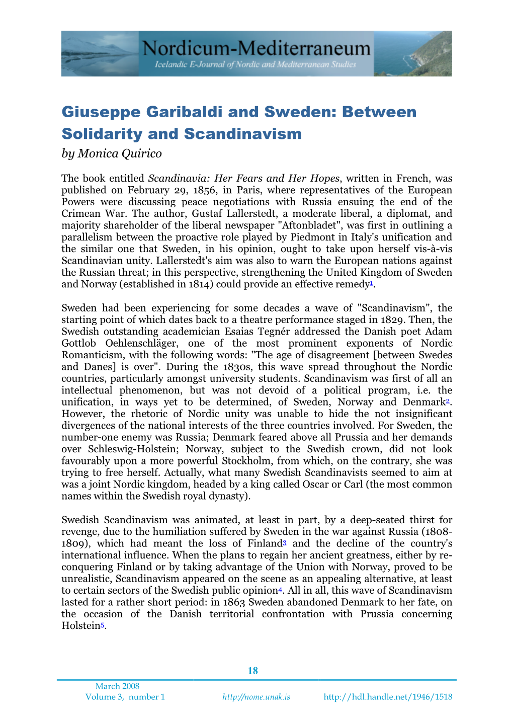 Giuseppe Garibaldi and Sweden: Between Solidarity and Scandinavism by Monica Quirico