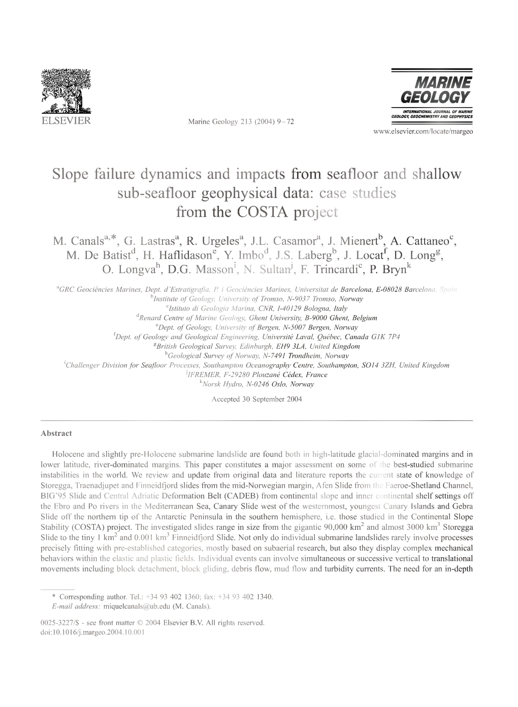 MARINE GEOLOGY INTERNATIONAL JOURNAL of MARINE GEOLOGY, GEOCHEMISTRY and GEOPHYSICS ELSEVIER Marine Geology 213 (2004) 9-72