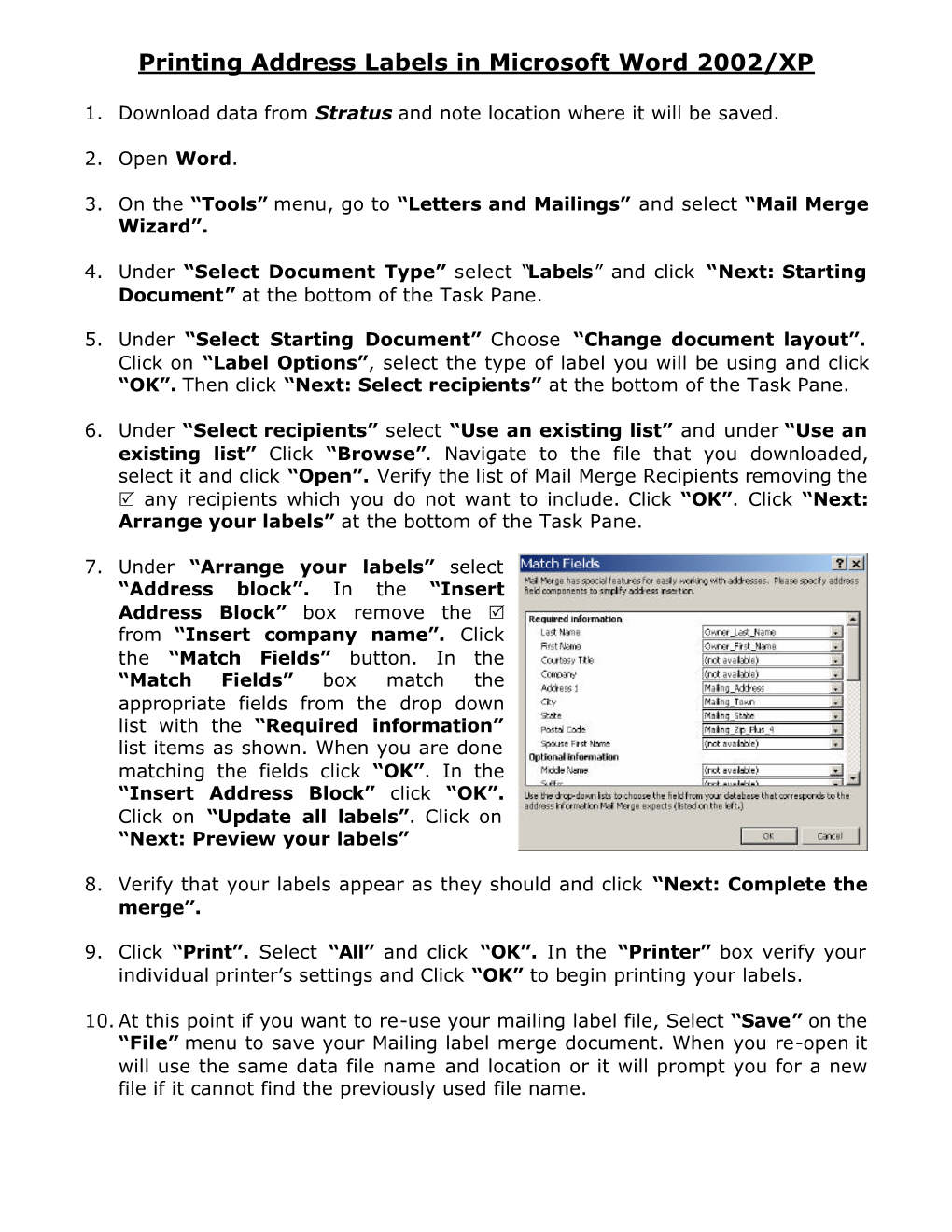 Printing Address Labels in Microsoft Word 2002/XP