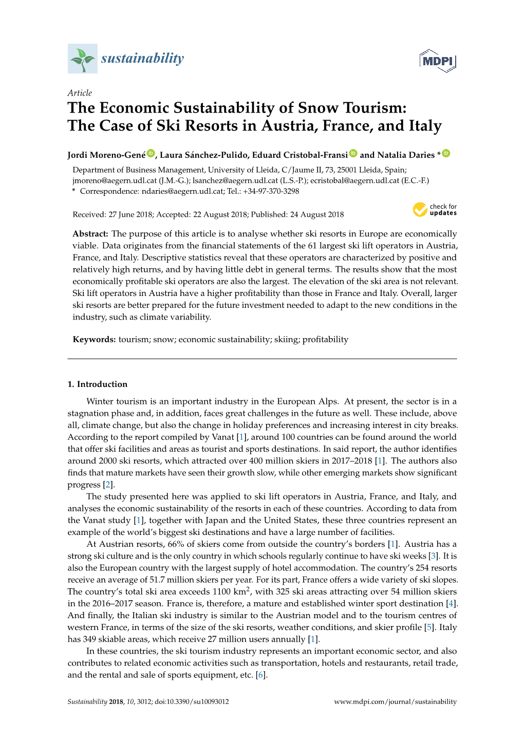 The Economic Sustainability of Snow Tourism: the Case of Ski Resorts in Austria, France, and Italy