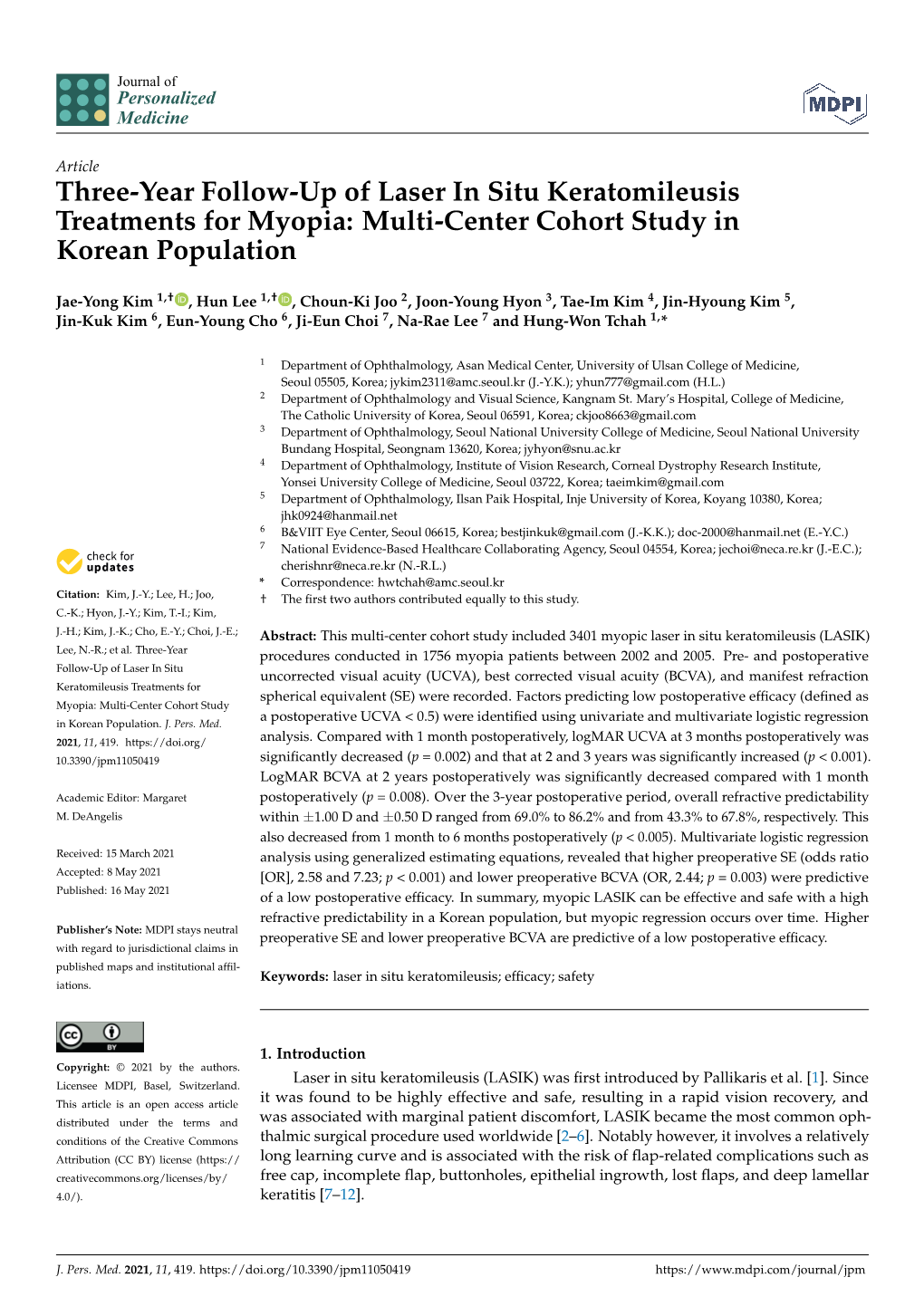 Three-Year Follow-Up of Laser in Situ Keratomileusis Treatments for Myopia: Multi-Center Cohort Study in Korean Population