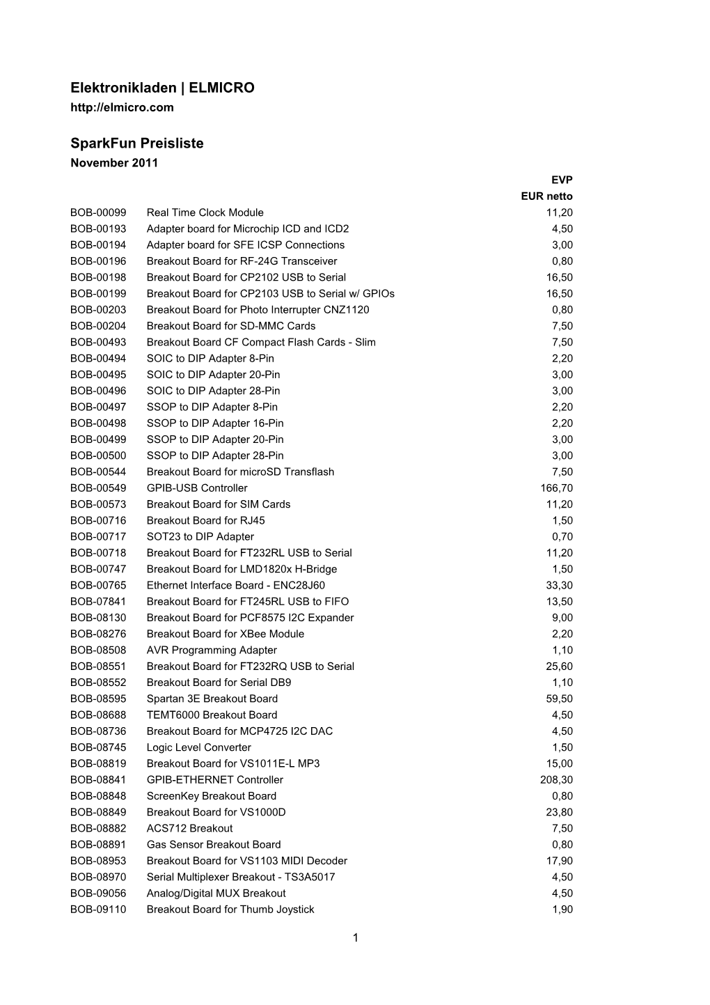 Elektronikladen | ELMICRO Sparkfun Preisliste