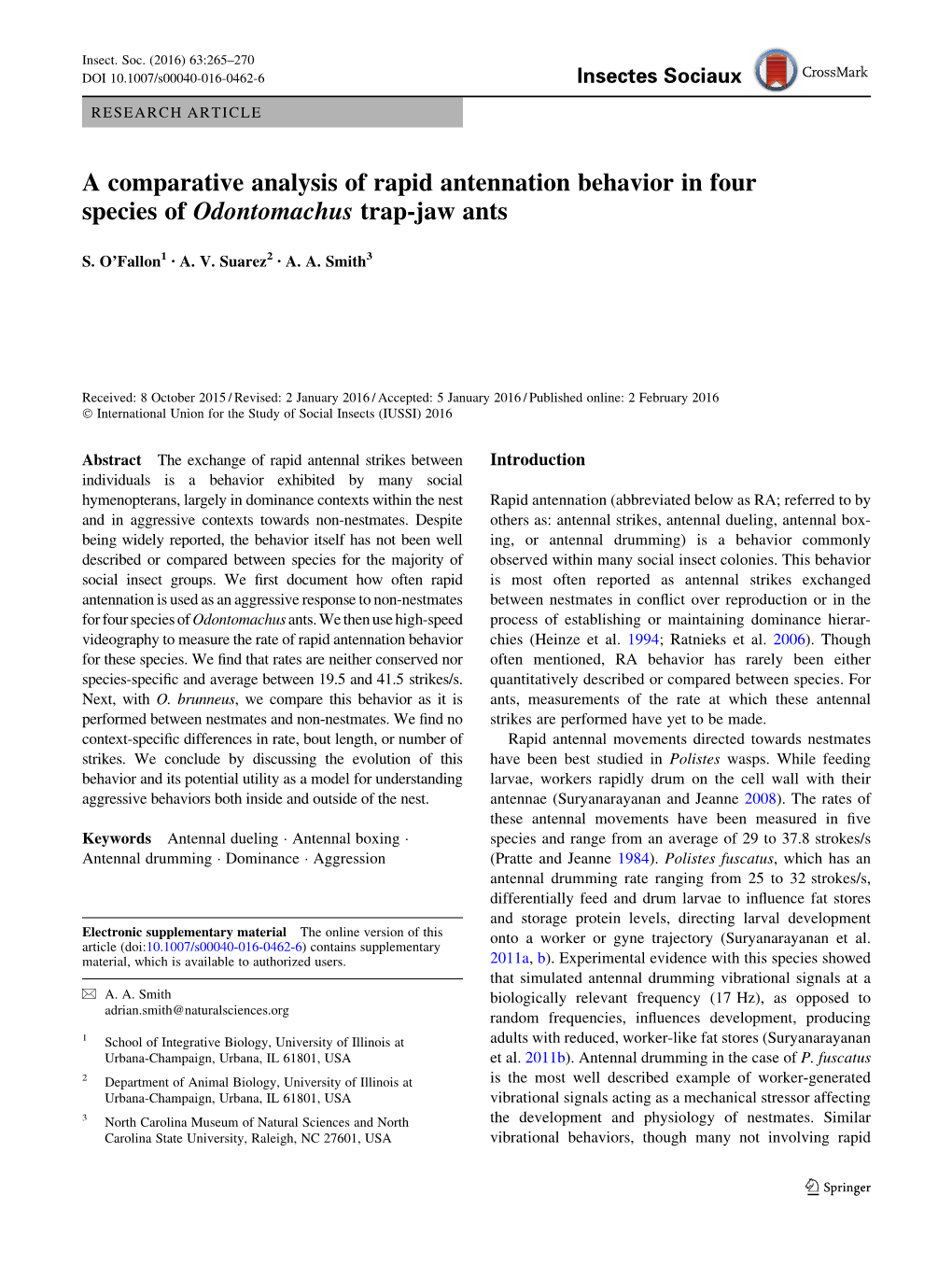 A Comparative Analysis of Rapid Antennation Behavior in Four Species of Odontomachus Trap-Jaw Ants