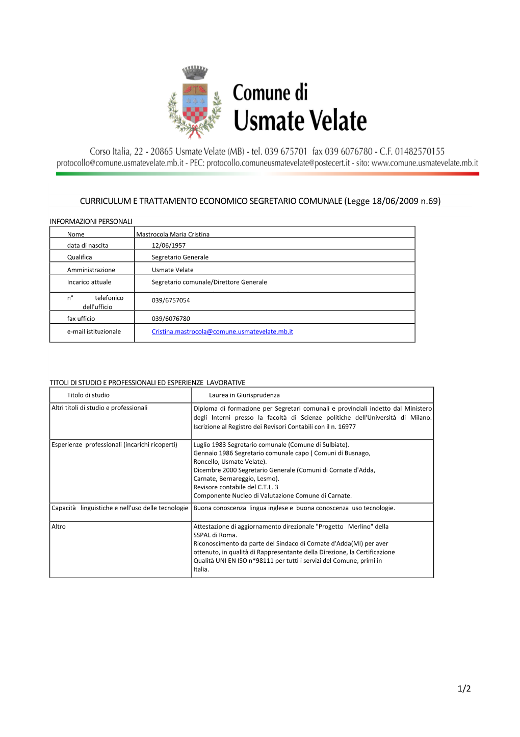 Curriculum Segretario Comunale