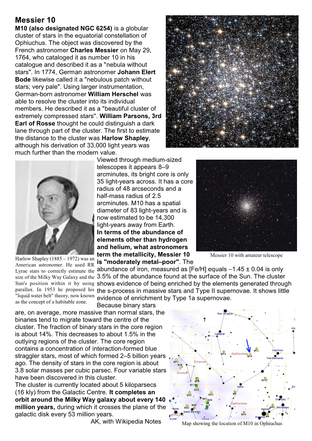 Messier 10 M10 (Also Designated NGC 6254) Is a Globular Cluster of Stars in the Equatorial Constellation of Ophiuchus