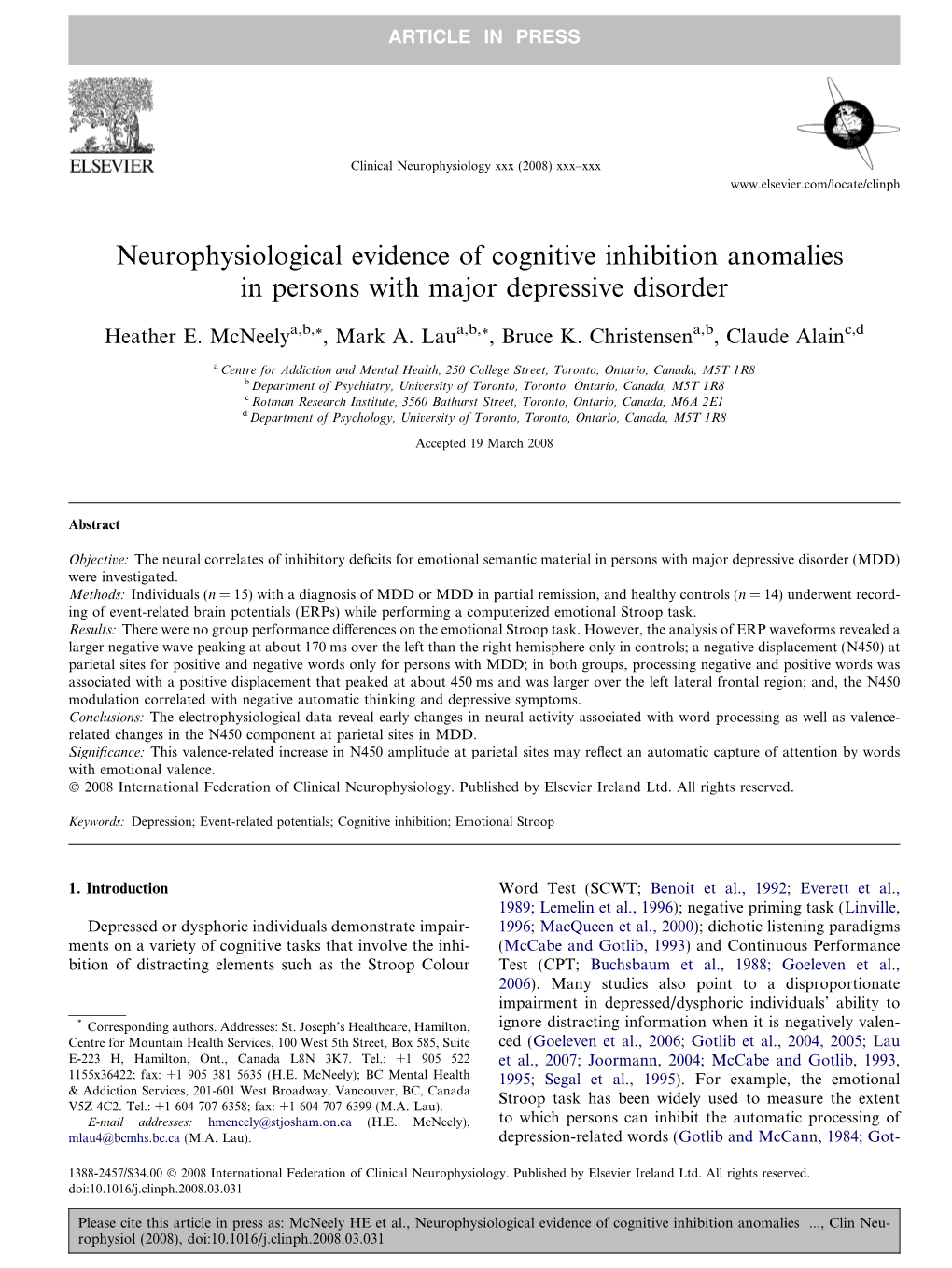 Neurophysiological Evidence of Cognitive Inhibition Anomalies in Persons with Major Depressive Disorder