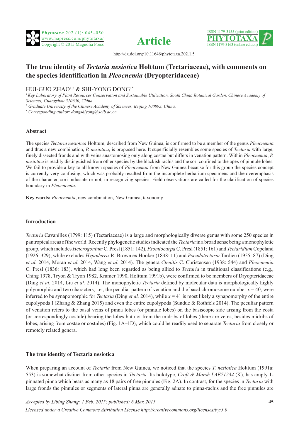 The True Identity of Tectaria Nesiotica Holttum (Tectariaceae), with Comments on the Species Identification in Pleocnemia (Dryopteridaceae)