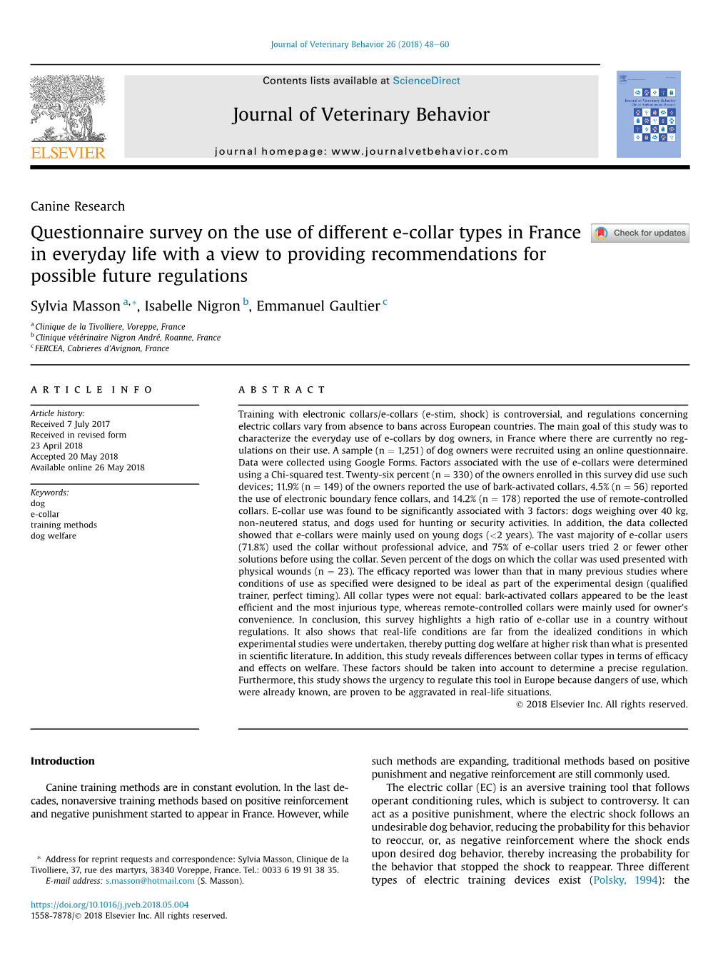 Questionnaire Survey on the Use of Different E-Collar Types in France in Everyday Life with a View to Providing Recommendations for Possible Future Regulations