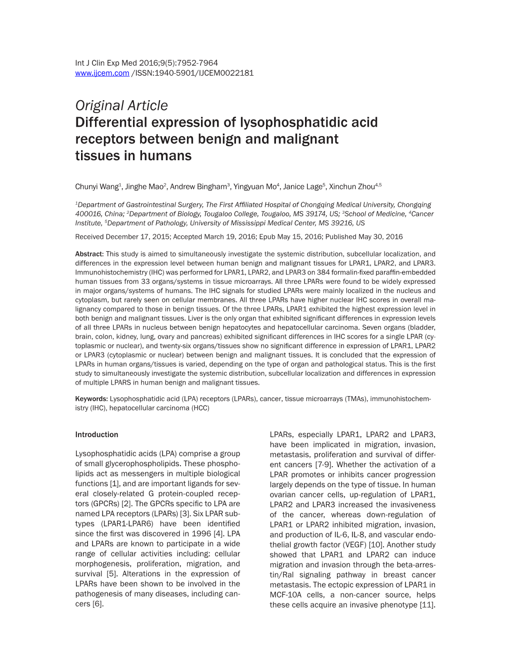 Original Article Differential Expression of Lysophosphatidic Acid Receptors Between Benign and Malignant Tissues in Humans