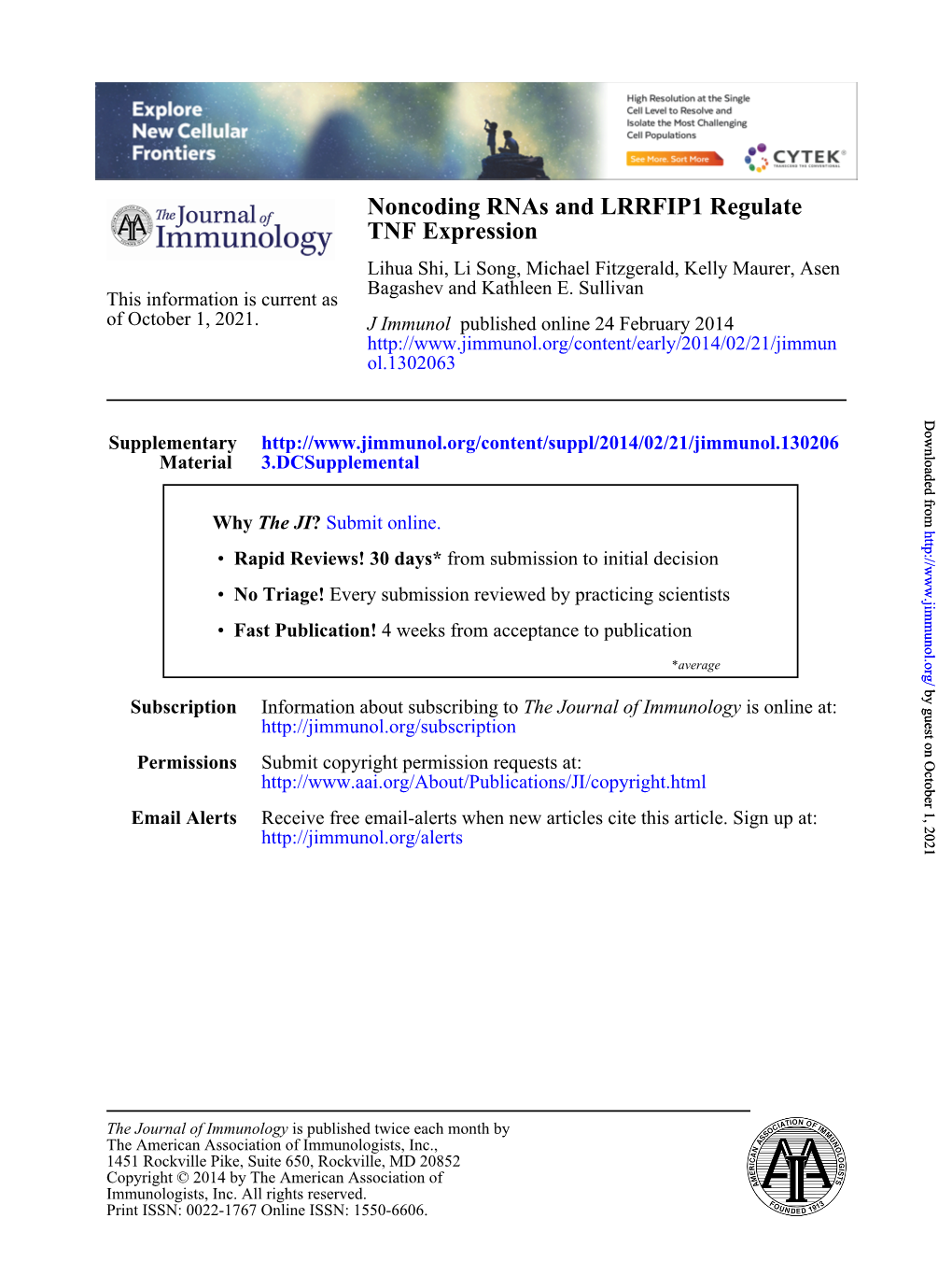 TNF Expression Noncoding Rnas and LRRFIP1 Regulate