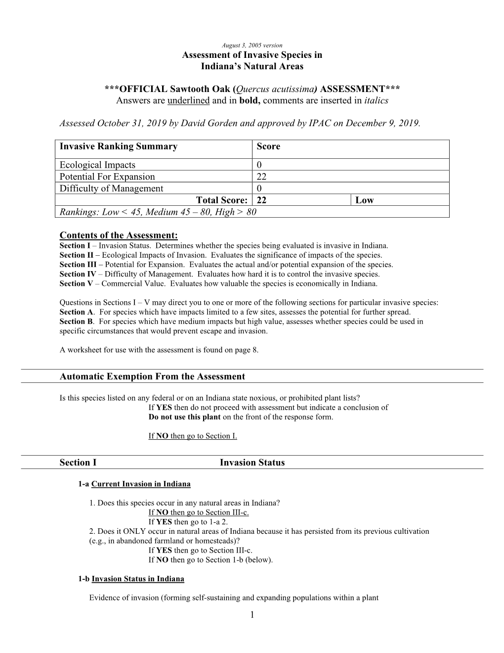 Quercus Acutissima) ASSESSMENT*** Answers Are Underlined and in Bold, Comments Are Inserted in Italics