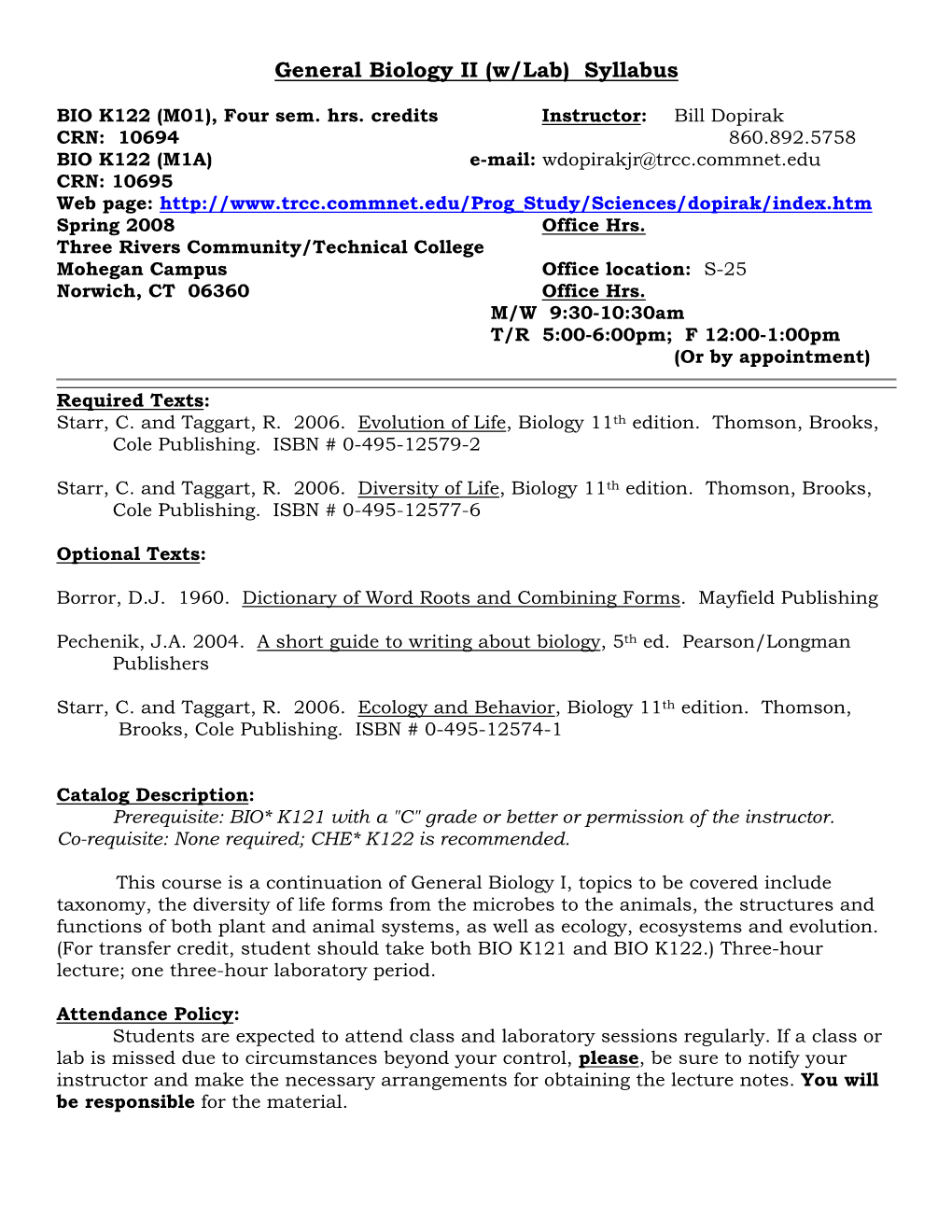 General Biology II (W/Lab) Syllabus