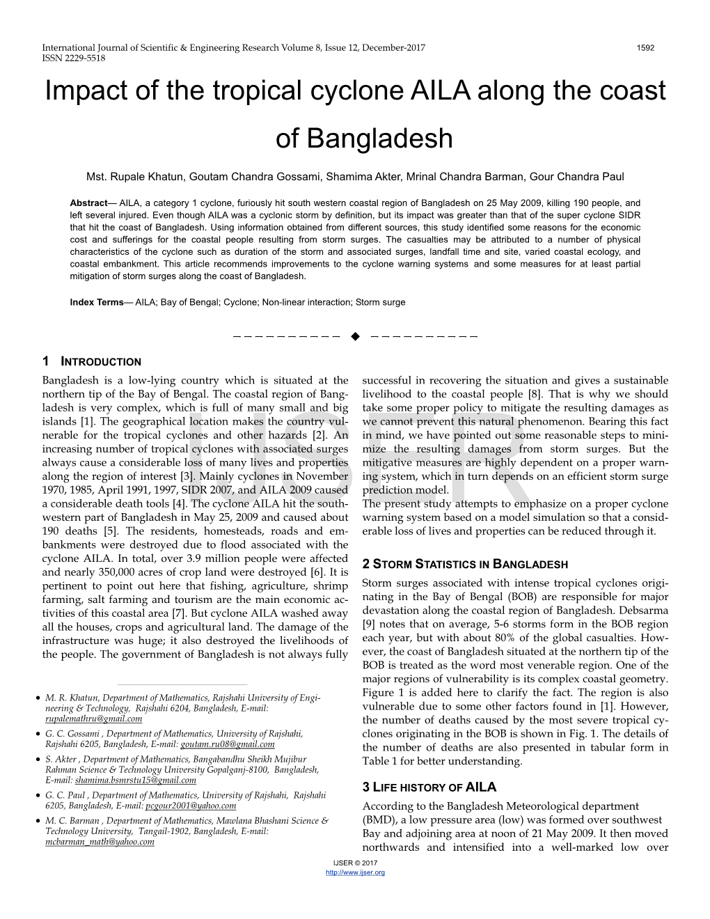 Impact of the Tropical Cyclone AILA Along the Coast of Bangladesh