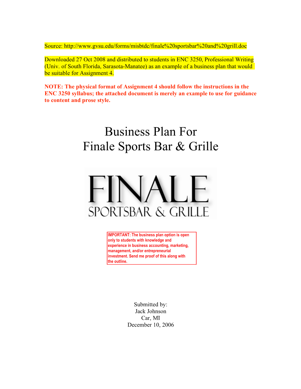 Business Plan for Finale Sports Bar & Grille