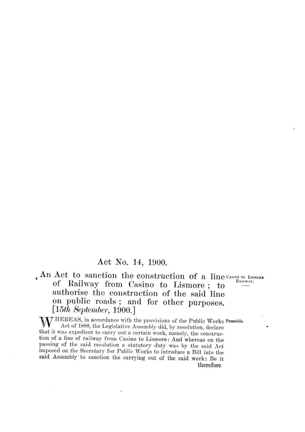 Act No. 14, 1900. an Act to Sanction the Construction of a Line Of